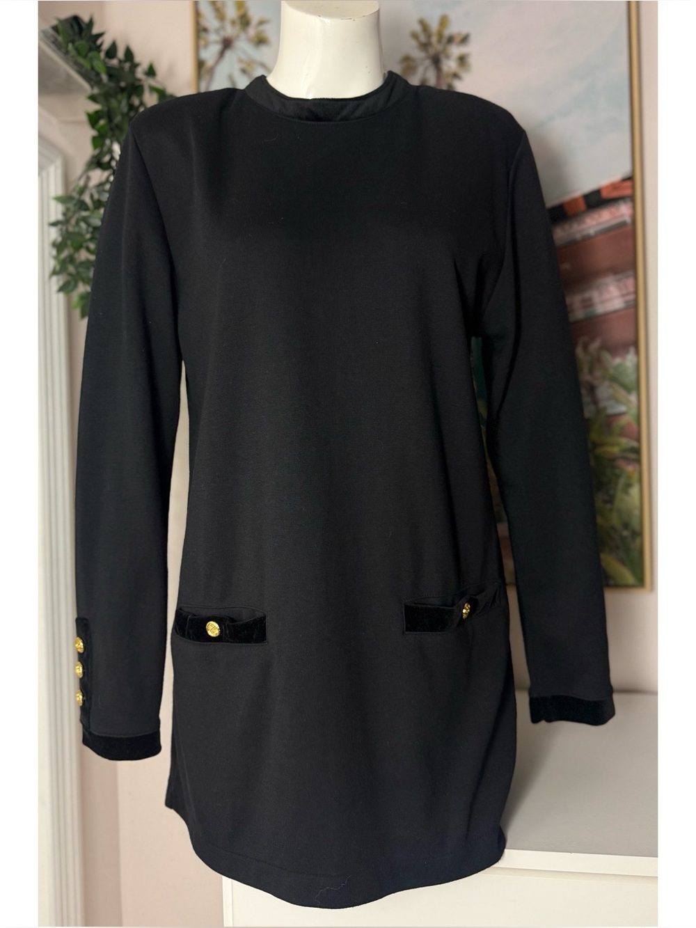 Vintage 90s David Hollis Black Mini Dress Tunic Velvet Trim Petite Large PL